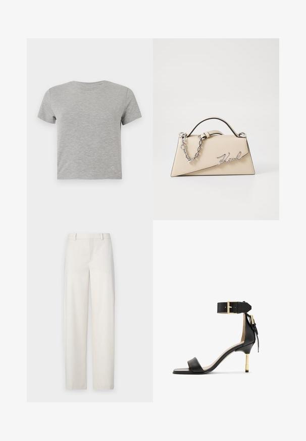 Šedé tričko s krátkym rukávom vyrobené z jemného materiálu, so zaobleným výstrihom a jemným akcentovým logom v pravom dolnom rohu.; Svetlo béžové nohavice vyrobené z hladkej tkaniny, s rovný strihom, plochým predným dielom, pútkami na opasok a bočnými vreckami.; Čierne kožené sandále na podpätku so štvorcovou špičkou, remienkom okolo členka s zlatou sponou a štíhlym kovovým podpätkom. Hladká textúra, minimalistický dizajn.; Béžová kožená kabelka so štruktúrovaným trojuholníkovým tvarom, s kovovým strieborným reťazovým uškom a zakriveným logom z kovu.