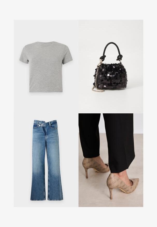 Tricou gri cu mânecă scurtă, fabricat dintr-un material moale, cu un decolteu rotund și un logo delicat în colțul din dreapta jos.; Jeans din denim albastru deschis, cu fason evazat și talie înaltă, având două butoane și buzunare frontale. Materialul are o textură decolorată cu variații subtile.; Pantofi cu toc înalt bej, dintr-un material texturat ce prezintă un model repetitiv. Design cu vârful ascuțit, cu un accent la spate și detaliu auriu pe toc.; Geantă mini neagră cu paiete, cu un umar texturat înnodat și un lanț argintiu. Formă rotundă cu partea de sus adunată și detalii reflectorizante.