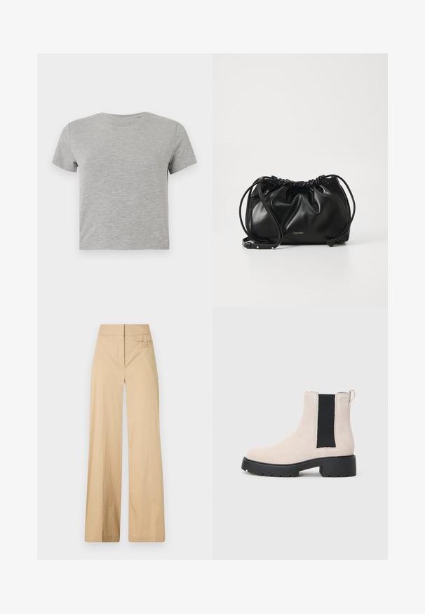 Siva kratka majica s kratkimi rokavi iz mehkega materiala, z okroglimi izrezom in nežnim logotipom v spodnjem desnem kotu.; Beige široke hlače iz mešanice bombaža. Imajo gladko teksturo, elastičen pas in stranski gumbov detajl.; Bež usnjeni Chelsea škorenj s črnim elastičnim stranskim panelom, masivnim črnim podplatom in zanka na gležnju.; Črna usnjena torbica z nabranim dizajnom, dvojno zategovalno zapiranje in snemljivim naramnim trakom. Ima kovinski logotip.