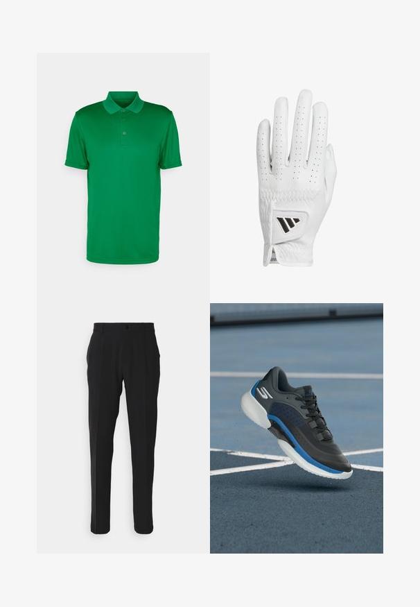 Grön pikétröja i slätt tyg, med krage, knapplist med tre knappar och korta ärmar. Enkelt mönster utan mönster.; Svarta byxor med rak passform, som har en enda framficka, bälteshällor och knappstängning. Slät tygtextur.; Svart idrottssko med blå accenter, syntetiskt material, texturerad yta och en lätt vit sula. Har snörning och perforeringar.; Vit läder golfhandske med perforerade fingertoppar, texturerad sömnad och en svart accenten logotyp på handleden. Smal passform för bra grepp.