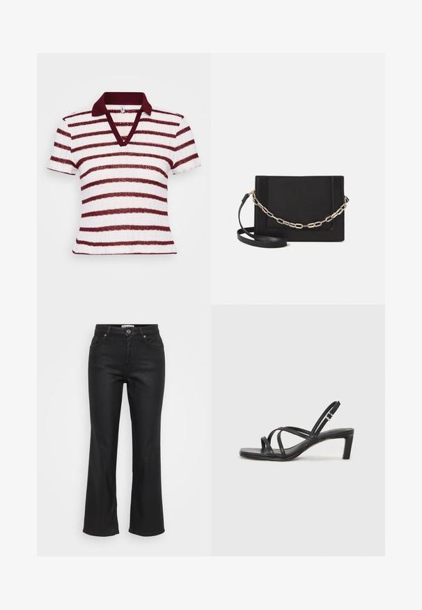 Prugasta polo majica s dubokim V-izrezom, kratkim rukavima i tamnocrvenim ovratnikom. Ima naizmjenične široke bijele i tamnocrvene pruge od teksturirane tkanine.; Crne flare traperice, izrađene od denima, s prednjim pričvršćivanjem na gumb, pet džepova i glatkom, blago sjajnom teksturom.; Crne sandale s trakama, kvadratnim prstom i niskom blok petom. Ima više tankih trakica i podesivu trakicu oko gležnja. Izrađene su od glatke kože.; Crna kožna torba preko tijela s glatkom teksturom, pravokutnim oblikom i metalnim lancem na prednjoj strani. Uključena je podesiva naramenica.