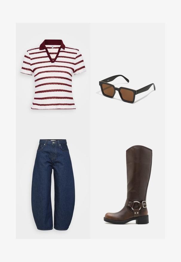 Stribet polo-shirt med dyb V-hals, korte ærmer og en bordeauxfarvet krave. Har alternerende brede hvide og bordeauxstriber i et tekstureret stof.; Mørkeblå denim jeans med høj talje og brede ben, frontknap og lynlås lukning samt klassisk fem-lomme design.; Brune læderknæhøje støvler med en rund metalhardwaredetalje og spænde. Let struktureret overdel, stablet hæl og rund tå-design.; Sorte firkantede solbriller med brune linser, der har en mat finish og guldaccenter på stellet. Designet er vinkelret med brede stænger.; Guldfarvede hoop øreringe med et glat, buet design. Fremstillet af metal, med en elegant overflade og post-back lukning.