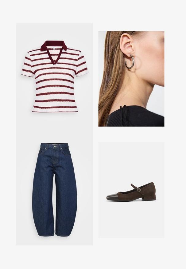 Stribet polo-shirt med dyb V-hals, korte ærmer og en bordeauxfarvet krave. Har alternerende brede hvide og bordeauxstriber i et tekstureret stof.; Mørkeblå denim jeans med høj talje og brede ben, frontknap og lynlås lukning samt klassisk fem-lomme design.; Brun ruskind Mary Jane-sko med en sort laklæder tåhætte, justerbar rem og en lav blokhæl. Glat tekstur med minimale detaljer.; Sølv hoop ørestik med en poleret overflade, prydet med små guld accenter og en rund form, båret på øreflippen.