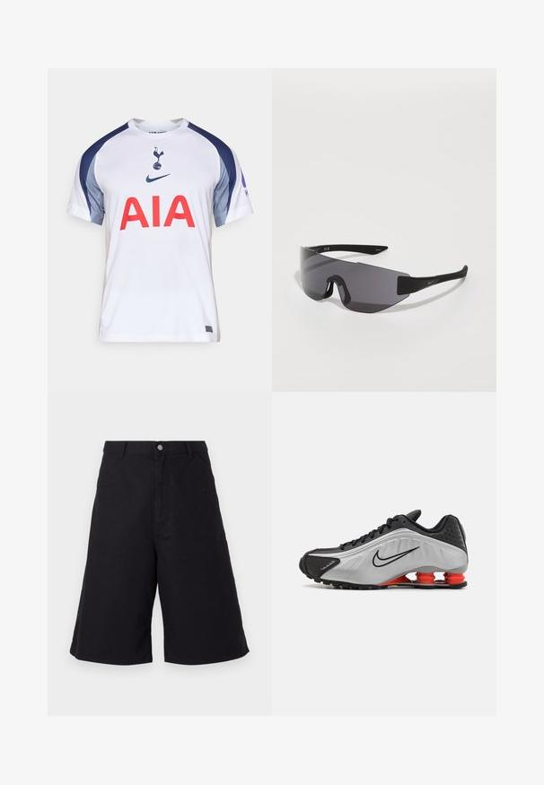 Biała koszulka piłkarska z niebieskimi i szarymi akcentami, z dużym czerwonym logo "AIA" z przodu oraz herbem klubu na piersi. Wykonana z lekkiego materiału.; Czarne bawełniane szorty o prostym kroju, z przednimi kieszeniami, zapięciem na guzik oraz fakturą odpowiednią do noszenia na co dzień.; Czarno-srebrny but sportowy z teksturowaną cholewką, wyraźnymi rowkami i czerwonymi elementami amortyzującymi na pięcie dla wsparcia. Niskoprofilowa konstrukcja.; Czarne sportowe okulary przeciwsłoneczne z osłonowym designem, ciemnymi soczewkami, kanciastym kształtem oraz akcentami logo na ramionach.