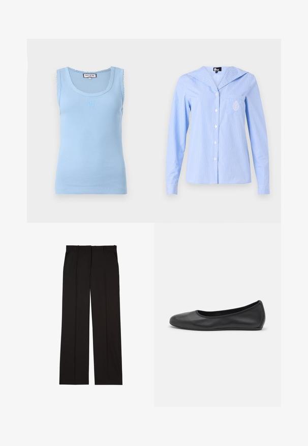 Hellblaues, geripptes Tanktop mit rundem Halsausschnitt und welligem Saum. Verfügt über ein gesticktes Logo auf der Vorderseite und eine figurbetonte Silhouette.; Hellblau gestreiftes Hemd mit Matrosenkragen, langen Ärmeln, Knöpfen vorne und einer Tasche mit gesticktem Detail.; Schwarze, maßgeschneiderte Hosen aus einem glatten Stoff, mit geradem Bein und zwei Seitentaschen. Elegante und minimalistische Konstruktion.; Schwarze Leder-Ballettschuhe mit abgerundeter Spitze, glatter Textur, minimalen Nähdetails und einem flexiblen Sohlen-Design.