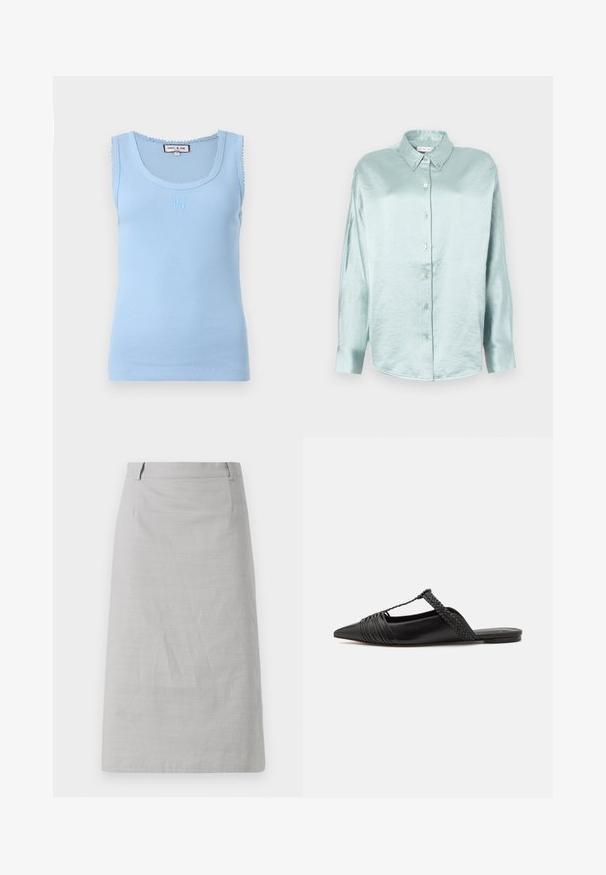 Lysblå ribbet tanktop med rund halsudskæring og bølget kant. Har broderet logo på forsiden og en tætsiddende silhuet.; Lysblå skjorte med knapper lavet af et skinnende, blødt stof; har krave, lange ærmer og rundet nederkant med en afslappet pasform.; Grå blyantskørt med en glat tekstur, tætsiddende form og flad talje, med sidesømme og uden synlige mønstre eller accenter.; Sort læderslyngeback sko med spids tå, der har en vævet detalje og en plisseret overdel. Flad sål med minimal hardware.