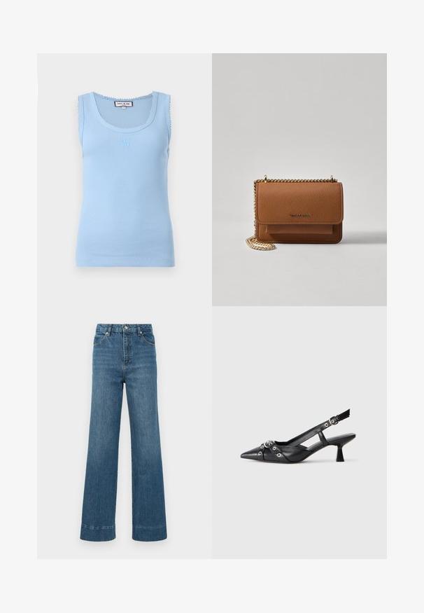 Lichtblauw geribbeld tanktop met een ronde halslijn en een gegolfde afwerking. Kenmerkt een geborduurd logo aan de voorkant en een getailleerde silhoeet.; Wijde blauwe denims met hoge taille, vijf zakken en een rafelige zoom. De stof heeft een gladde textuur met een lichte vervaging.; Zwarte leren slingback schoen met een puntige neus, decoratieve banden met metalen oogjes en een lage blokhak. Textuur oppervlak.; Bruine lederen schoudertas met textuur, voorzien van een gouden kettingstrap en klepsluiting. De voorkant heeft een logo-detail en een zak onder de klep.