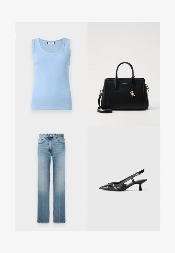 Top din bumbac de culoare bleu deschis, cu un decolteu rotund și margini ondulate. Prezintă un logo brodat pe față și o siluetă ajustată.; Blugi drepți de culoare albastru deschis, confecționați din denim, cu decolorare subtilă, design clasic cu cinci buzunare și închidere cu buton metalic la talie.; Pantofii slingback din piele neagră, cu vârful ascuțit, curele decorative cu ochiuri din metal și toc bloc mic. Suprafață texturată.; Geantă de mână din piele neagră cu un design structurat, mânere superioare duble, curea de umăr detasabilă, accesorii din aur și un pandantiv cu logo.