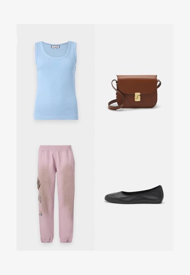 Světle modrý žebrovaný top bez rukávů s kulatým výstřihem a zoubkovaným lemem. Má vyšitý logo na přední straně a přiléhavý střih.; Růžové tepláky s elastickým pasem, které mají dekorativní nášivky ve tvaru diamantů na levé straně a elastické manžety u kotníků.; Černé kožené baletní byty s kulatou špičkou, hladkou texturou, minimálními švy a flexibilním designem podrážky.; Hnědá kožená kabelka s klopou, zlatými kovovými detaily, ramenním popruhem a hladkým povrchem. Kompaktní obdélníkový tvar.