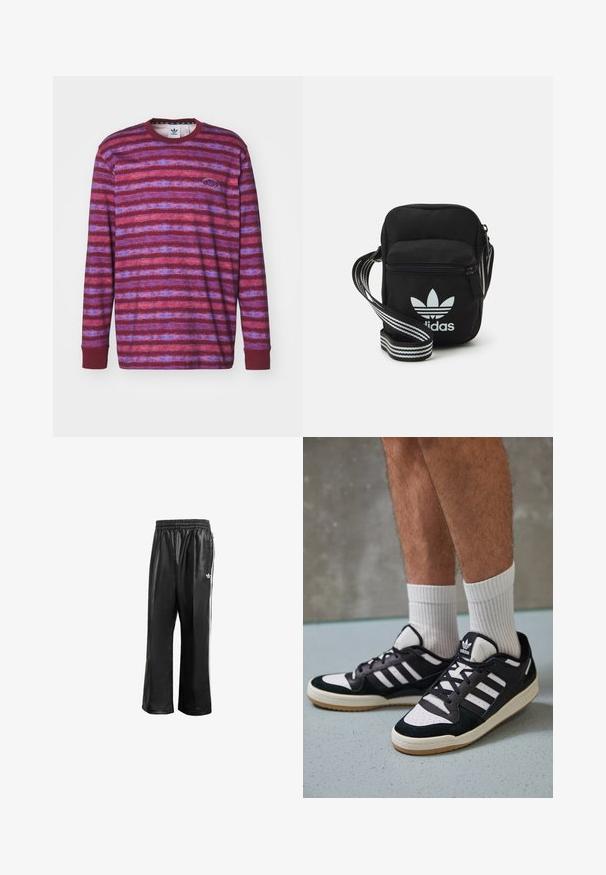 Long-sleeve crewneck shirt in burgundy and purple stripes. Soft fabric with ribbed cuffs, featuring an Adidas logo patch on the left chest.; Black synthetic track pants with an elastic waistband, featuring white side stripes and a small white logo on the left hip.; Black and white sneakers with a suede and leather upper, featuring three white stripes, a perforated toe, and a gum rubber sole.; Black fabric crossbody bag with a zipper closure, featuring a white Adidas logo and a striped adjustable strap for easy carrying.