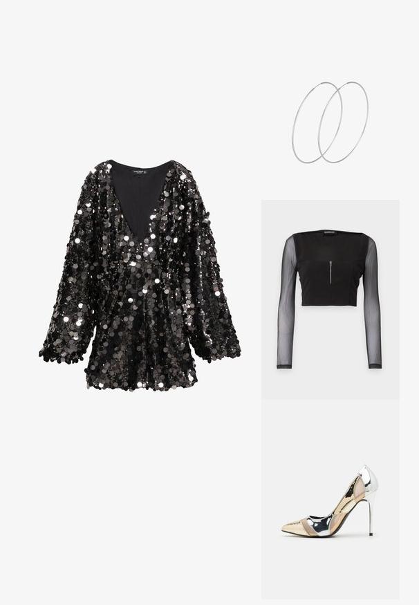 Črn kratki top s kvadratnim izrezom, narejen iz neprosojnega materiala s prozornimi dolgimi rokavi. Sprednji zadrga prispeva k detajlom oblikovanja.; Črna bleščeča majica s poglobljenim V-izrezom in dolgimi rokavi. Na tkanini je enakomeren vzorec svetlečih okroglih sequinsov.; Čevlji z visoko peto in konico, v barvni kombinaciji srebrne, zlate in nude. Sijajna obdelava z izrezljanim dizajnom, z igličasto peto.; Srebrna kovinska torbica z mehko, zaobljeno obliko in zavezano zgornjo zaporo. Narejena iz gladkega umetnega usnja.; Srebrne uhane v obliki obroča z minimalističnim dizajnom. Krožna oblika, gladka tekstura in tanek profil. Lahki s poliranim zaključkom.