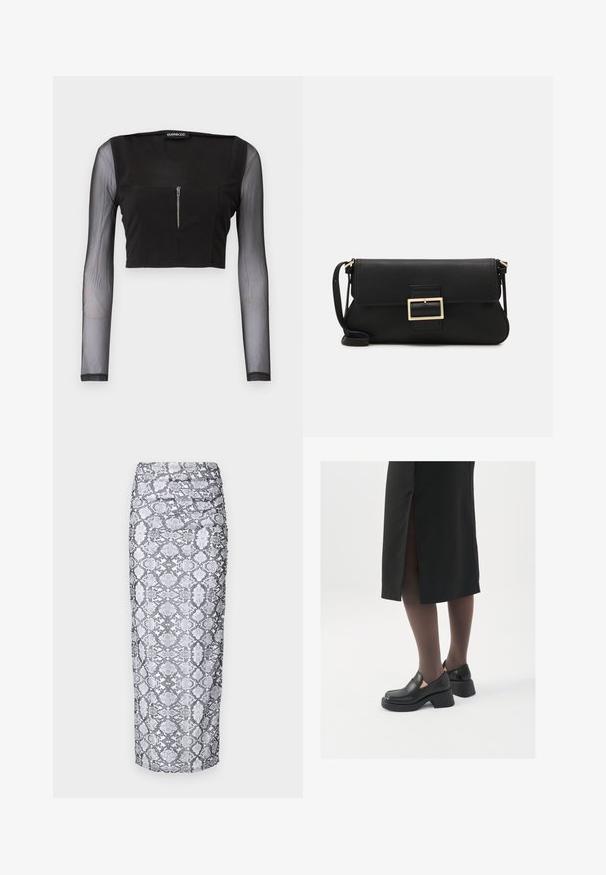 Svart crop top med firkantet utringning, laget av ugjennomsiktig stoff med gjennomsiktige lange ermer. Frontglidelås gir en ekstra detalj til designet.; Python tryk midi skjørt i sort og hvit, med en tettsittende silhuett og innsamlet tekstur langs sidene. Glatt stofffinish.; Sorte lærersko med rund tå, tykk blokkheel og elastiske sideaksenter, sammen med mørke strømpebukser og et svart skjørt med splitt.; Svart lær clutch-veske med klaff og detalj i gullmetall. Inkluderer en svart stropp og et strømlinjeformet, minimalistisk design.; Gullfarget metalløredobber med et elegant, buet design. Har en karakteristisk spiss form, polert overflate og hengsel-lukking.