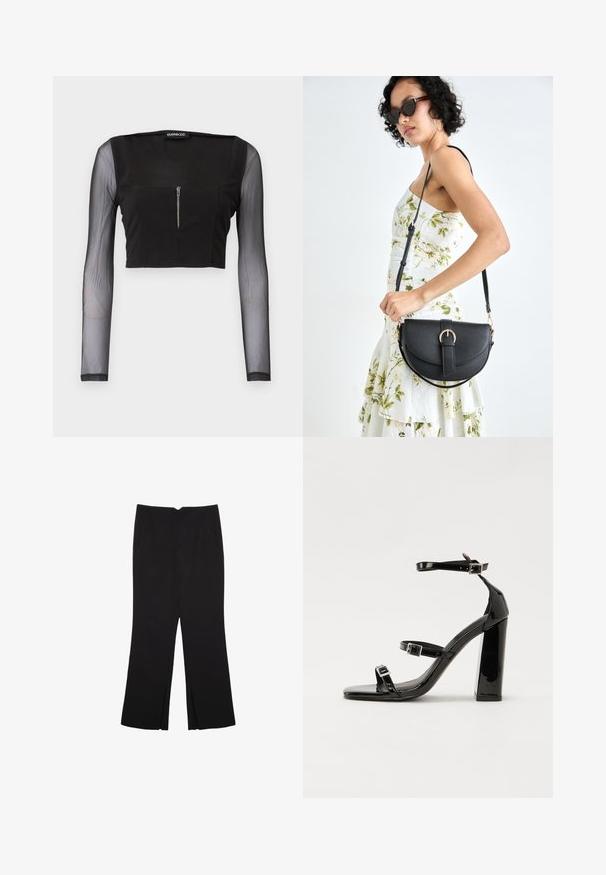 Schwarzes Crop-Top mit rechteckigem Ausschnitt, aus undurchsichtigem Stoff und langen transparenten Ärmeln. Der Frontreißverschluss verleiht dem Design das gewisse Etwas.; Schwarze Hose mit geradem Schnitt, ausgestattet mit Fronttaschen und Seitenschlitzen am Saum. Hergestellt aus weichem, glattem Stoff. Geeignet für verschiedene Anlässe.; Schwarze patentierte Sandalen mit Absatz, quadratischer Spitze, Knöchelriemen und silbernen Schnallen. Mit einem stabilen Blockabsatz für mehr Stabilität.; Schwarze Lederhandtasche mit geschwungener Form, abnehmbarem Tragegurt und goldenen Beschlägen. Die Tasche verfügt über einen Deckel mit einer Schnallen-Details.