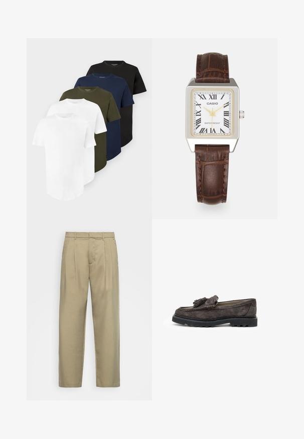 Pięć prostych koszulek z krótkim rękawem i okrągłym dekoltem w kolorach białym, oliwkowozielonym, granatowym i czarnym, ułożonych w warstwową stos.; Beżowe, wysokie spodnie o prostym kroju, z płaskim przodem, bocznymi kieszeniami i gładkim, teksturowanym materiałem.; Ciemnoszare zamszowe mokasyny z ozdobnym frędzlem z przodu, płaską gumową podeszwą oraz kontrastującymi detalami wzdłuż krawędzi.; Zegarek prostokątny Casio z białą tarczą, złotymi akcentami, cyferblatem z cyframi rzymskimi oraz brązowym skórzanym paskiem ze wzorem krokodyla. Wodoodporny design.