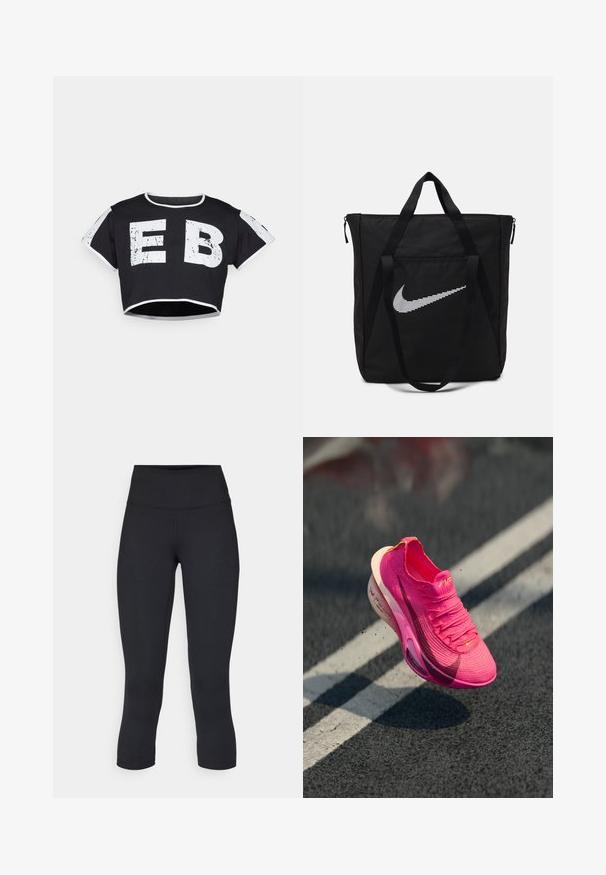 Nebbia CROP TOP - Apdrukāts T-krekls - black; Melnas apgrieztas legingi, izgatavoti no elastīga auduma, ar augstu jostasvietu un gludu tekstūru, bez redzamām rakstu vai aksesuāriem.; Sporta apavi spilgti rozā adītas materiāla, ar teksturētu virsmu, sieta augšdaļu un baltu starpposmā. Iezīmēts ar sēkliņas logo tumši rozā krāsā.; Melna neilona koferis ar divām izturīgām rokturiem un ar rāvējslēdzēju. Tam ir izteikts balts Nike swoosh logotips horizontāli svītrainā dizainā.