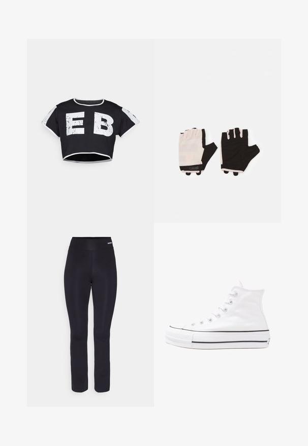Nebbia CROP TOP - T-Shirt print - black; Schwarze Sporthosen mit einer glatten Textur, breitem elastischem Bund und einer taillierten Passform, die leicht zum Knöchel hin zuläuft.; Weiße hochwertige Leinensneaker mit schwarzer Gummisohle, vorderem Gummizehenschutz und sechs Ösen für Schnürsenkel, die ein sauberes, minimalistisches Design aufweisen.; Fitnesshandschuhe mit einem Design in Hellrosa und Schwarz, aus atmungsaktivem Material, mit einem verstellbaren Handgelenkriemen und strukturierten Griffakzenten.