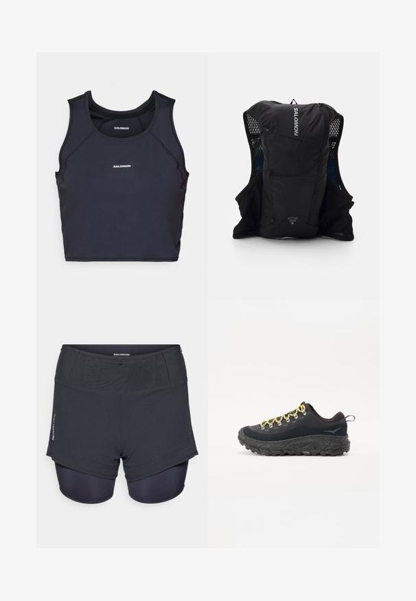 Fekete sportos atlétatrikó, testhez álló fazonnal, kerek nyakkivágással és lapos varrásokkal. Az elején fehér "Salomon" logóval.; Sötétszürke sportnadrág belső szorító béléssel, textúrált felülettel és az "Salomon" logóval az oldalán.; Túrázó cipő fekete, texturált anyagból készült felsőrésszel, sárga fűzőkkel, ezüst fűzőlyukakkal, és strapabíró fekete Vibram talppal, amely foltos díszítésekkel rendelkezik.; Fekete futókalap, hálós oldalzsebekkel, fényvisszaverő részletekkel és első cipzáras zsebbel. Könnyű anyag, amely a kényelmet és a légáteresztő képességet szolgálja.