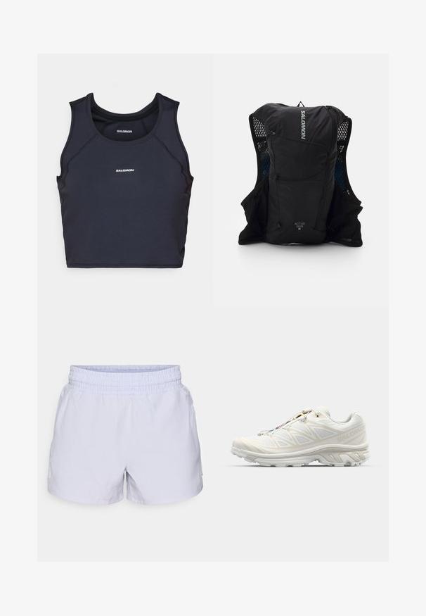 Must muströng mustri disainiga musta sporditopiga, ümmarguse kaeluse ja lamedate õmblustega. Esiosas on valge "Salomon" logo.; Kerged violetsete lühikeste pükste elastne vöökoht, mis on valmistatud siledast kangast. Küljel on väike logo detail. Kerge disain.; Valge jooksujalanõud koos hingava võrkmaterjalist pealispinnaga, tekstuursete aktsentidega ja pehmendusega tallaga. Omab kiiret kinnitusüsteemi mugavaks jalga panemiseks.; Mustmustreen jooksuvest, millel on võrkpoolsed taskud, helkuraktsendid ja esine tõmblukk. Kerge kangas, mis on loodud mugavuseks ja õhuringluseks.