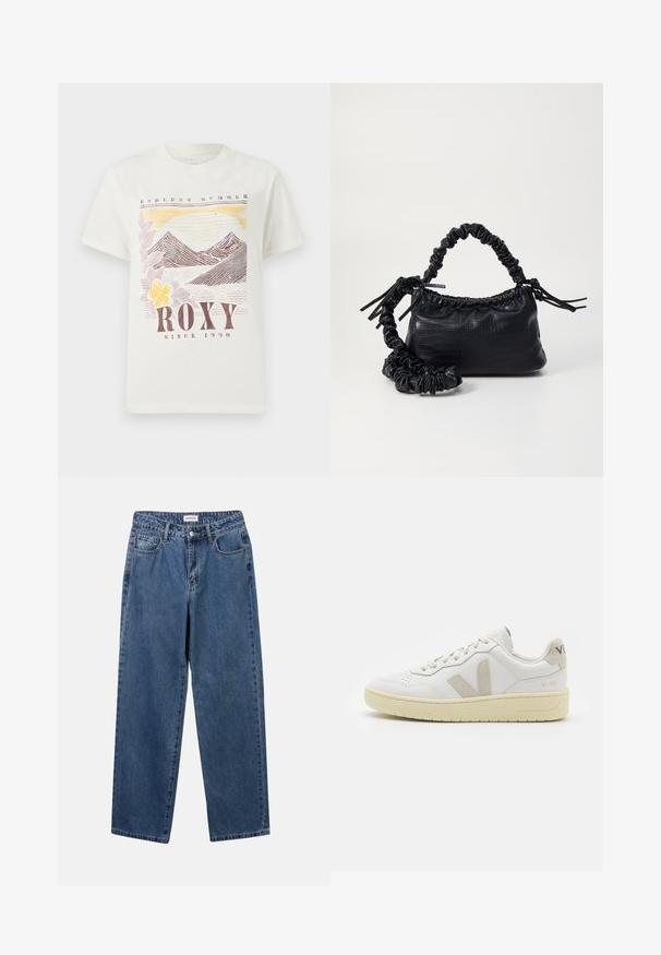 Weißes Baumwoll-T-Shirt mit grafischem Design von Bergen und Sonnenuntergang in erdigen Tönen, mit den Texten "ROXY" und "ENDLESS SUMMER". Klassische Passform, kurze Ärmel.; Klassische blaue Denim-Jeans mit geradem Bein, fünf Taschen und Knopfverschluss. Sie verfügen über eine mittelblau gewaschene Optik und sind aus robuster Textur.; Weiße Ledersneaker mit beigen Wildlederakzenten, perforierte Zehenbox, flache Schnürsenkel und eine strukturierte cremefarbene Sohle. Mit dezentem Branding an der Ferse.; Schwarze Handtasche aus Kunstleder mit Krokodilstruktur, gerafftem oberen Teil und einem geschoppten Tragegurt. Sie wirkt weich und kompakt im Design.