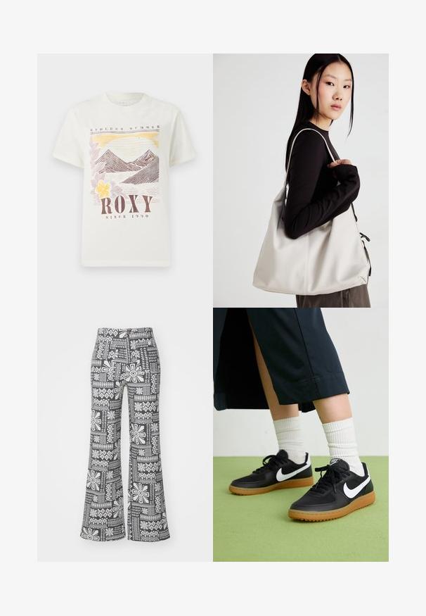 Bela bombažna majica z grafikami gora in sončnega zahoda v zemeljskih tonih, z napisoma "ROXY" in "ENDLESS SUMMER". Klasičen kroj, kratki rokavi.; Črno-bele široke hlače z geometrijskim cvetličnim vzorcem. Narejene so iz lahkotnega blaga z gladko teksturo.; Črne usnjene in sintetične superge z belim Nike swooshom, gumo na podplatu, okroglo konico ter črnimi vezalkami. Vidne so rebraste bele nogavice.; Bežna torbica iz mehkega materiala, z ohlapno zasnovo, šivi in dvema naramnicama. Primerna za vsakodnevno uporabo.