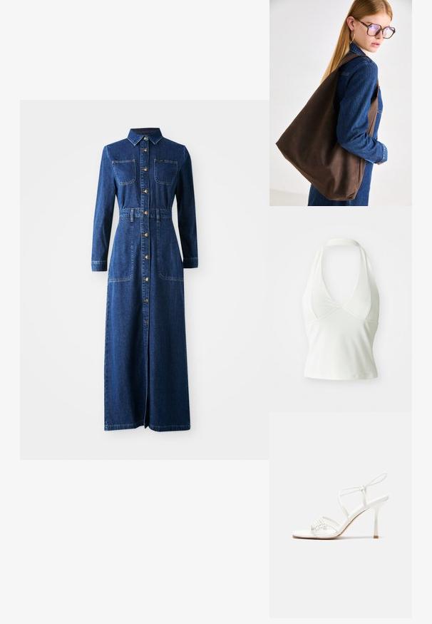 Weißes Halterneck-Top mit tiefem V-Ausschnitt, aus glattem, dehnbarem Material. Hat ein tailliertes Design und eine verkürzte Silhouette.; Jeans-Maxi-Kleid mit langen Ärmeln, spitzem Kragen, durchgehender Knopfleiste, zwei Brusttaschen, tailliertem Schnitt und seitlichen Schlitzen für mehr Bewegungsfreiheit.; Weiße, geschnallte High-Heel-Sandalen mit flacher Zehenbasis, strukturiertem Vorderteil mit gerafften Akzenten und schlankem Knöchelriemen.; Braune Leder-Handtasche mit weicher Textur, geräumigem Design und einem einzigen Tragegurt. Kombiniert mit einer blauen Jeansjacke.