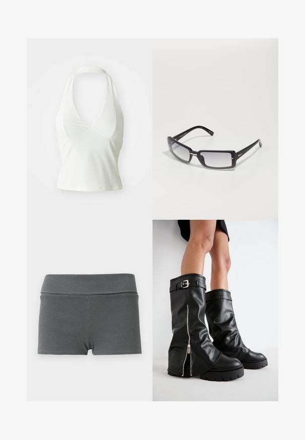 Weißes Halterneck-Top mit tiefem V-Ausschnitt, aus glattem, dehnbarem Material. Hat ein tailliertes Design und eine verkürzte Silhouette.; Rippstoffshorts in Dunkelgrau mit einem breiten Bund. Sie haben eine figurbetonte Passform, eine glatte Textur und keine sichtbaren Beschläge oder Akzente.; Schwarze Lederstiefel bis zum Knie mit weiter Schaftweite, seitlichem Reißverschluss und Schnallenakzent, strukturierter Oberfläche und robuster Gummisohle.; Schwarze rechteckige Sonnenbrille mit einem abgedunkelten Glas, ausgestattet mit einem dicken Rahmen und metallischen Akzenten an den Bügeln. Glatte Textur insgesamt.; Transparente Plastik-Geschäftstasche mit zwei klaren Griffen, die auf der Vorderseite neun runde metallische Akzente in einem Rastermuster anordnet.