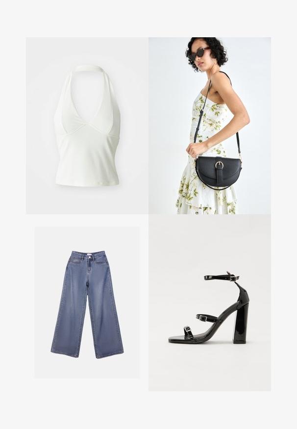 Bela top s halter ovratnikom in globokim V-izrezom, izdelan iz gladkega, elastičnega materiala. Ima prilegajoč dizajn in krajšega kroja.; Široke denim hlače v svetlo modrem pranju, s poudarjeno pasom, sprednjimi žepi in gumbom za zapiranje z zankami za pas.; Črne lakirane sandale s peto, kvadratnim prstom, trakovi okrog gležnja in srebrnimi zaponkami. Opremljene so s stabilno Debelo peto.; Črna usnjena torbica s ukrivljeno obliko, z odstranljivo naramnico in zlatimi dodatki. Torbica ima pokrov s podrobnostmi v obliki zaponke.