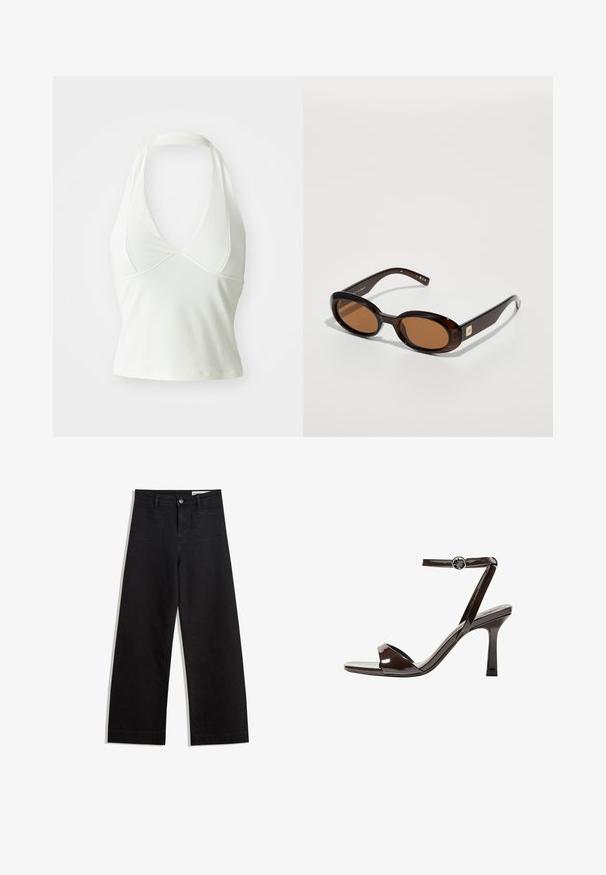 Biela halter top s hlbokým V výstrihom, vyrobená z hladkej, elastickej látky. Má priliehavý strih a skrátený siluetu.; Čierne denimové nohavice s širokými nohavicami a vysokým pásom, so prednými a zadnými vreckami, šitými švami a zapínaním na gombík. Hladká textúra.; Hnedé lakované sandále na vysokom opätku s remienkom okolo členka, otvorenou špičkou a elegantným, minimalistickým dizajnom. Obsahujú štvorcovú pätu.; Hnedé korytnačie slnečné okuliare s oválnymi šošovkami, ktoré majú tenký rám a malý kovový akcent na strane. Textúrovaný a lesklý povrch.