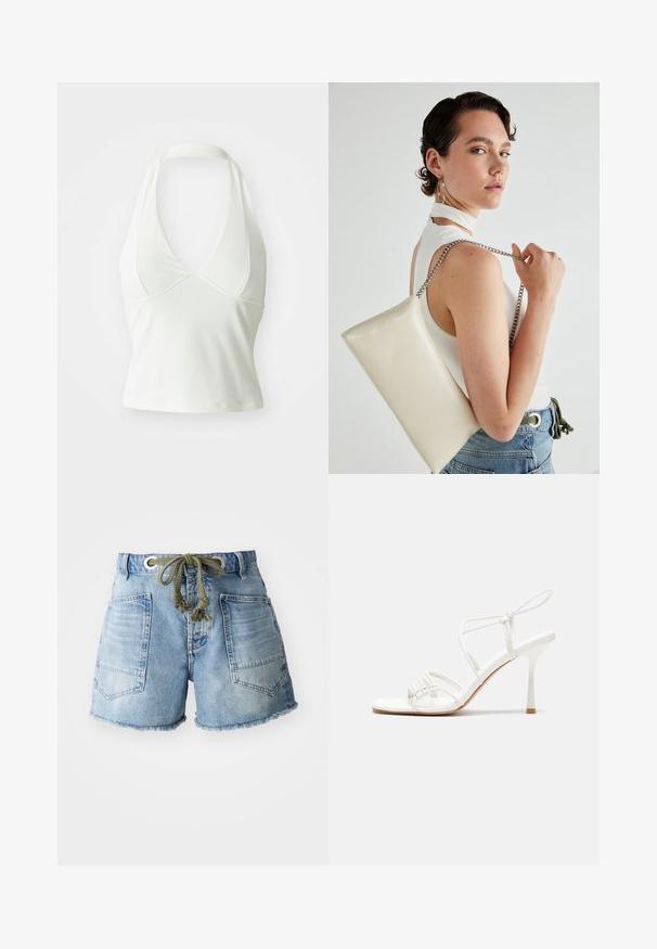Top blanco sin mangas con un escote en V pronunciado, hecho de una tela suave y elástica. Presenta un diseño ajustado y una silueta corta.; Shorts de denim en azul claro con dobladillo deshilachado. Presenta dos bolsillos traseros y un cordón con ojales de metal plateado para un ajuste ajustable.; Sandalia de tacón alto blanca con tiras, con una base plana en la punta, parte frontal texturizada con acentos fruncidos y una delgada correa en el tobillo.; Bolso de mano rectangular blanco, hecho de un material brillante, con una cadena plateada. La modelo posa, mostrando el bolso frente a un fondo liso.
