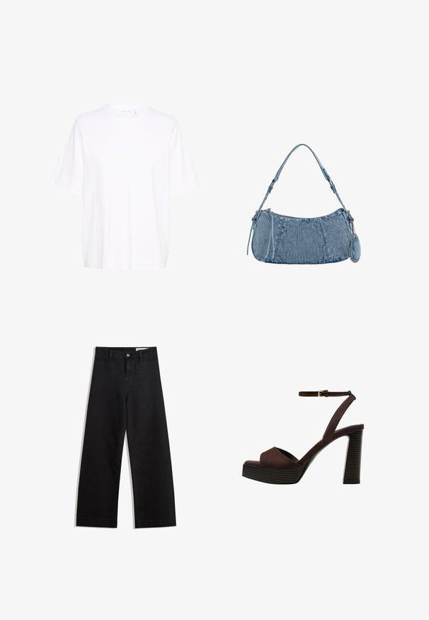 Vit t-shirt i mjuk bomull, med rund halsringning, lösa korta ärmar och rak nederkant utan synliga mönster eller detaljer.; Svarta vida denimbyxor med hög midja, med fram- och bakfickor, sydda sömmar och knappstängning. Slät textur.; Bruna mocka högklackade sandaler med öppen tå, justerbar vristrem och en randig plattformssula.; Denimhandväska med en rundad form, ljusblå färg, justerbar axelrem och en liten avtagbar ficka med metallaccenter.