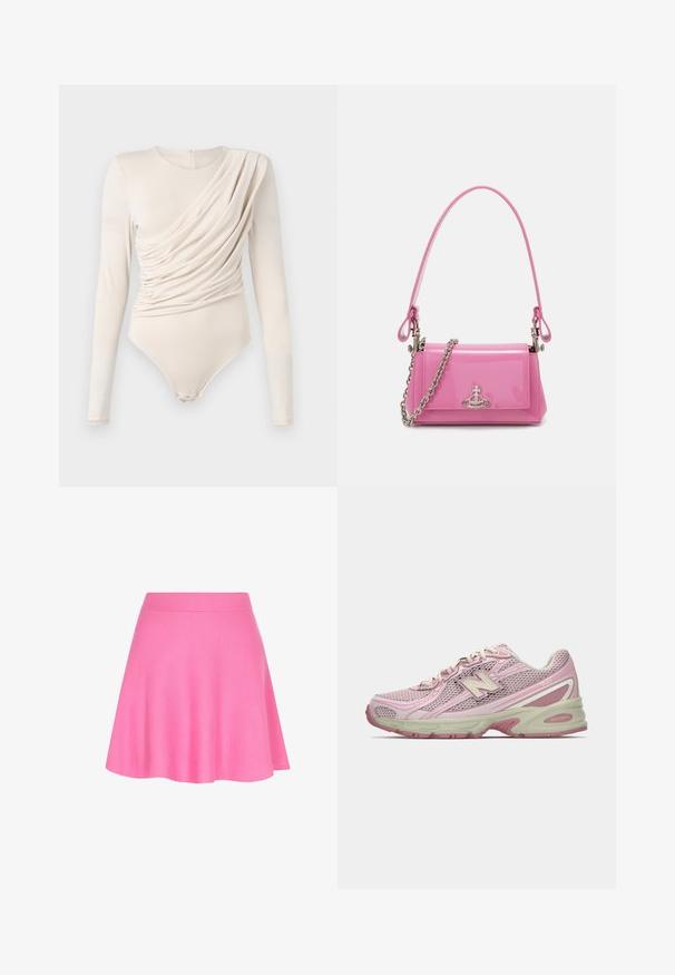 Bodysuit bej cu mâneci lungi, cu un front drapat, textură netedă și închidere cu capse la baza. Design elegant și ajustat.; Fustă tricotată roz, cu talie ajustată și design evazat, realizată dintr-un material moale care adaugă o textură fină.; Adidașii New Balance 740 în nuanțe de roz și bej, cu un superior din plasă și material sintetic, cu sistem de închidere cu șireturi și talpă cu amortizare, prezentați în profil lateral.; Geantă de mână din piele patent roz, cu formă rectangulară, curea cu lanț detașabil și detalii din metal argintiu pe față.