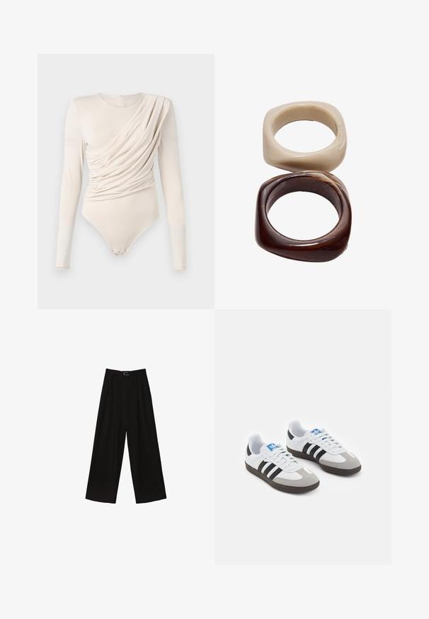 Bež bodi s dugim rukavima sa drapiranim prednjim dijelom, glatke teksture i kopčanjem na dnu. Elegantan i usklađen dizajn.; Crne široke hlače s visokim strukom, s pojasom u struku i plisirima za teksturu. Izrađene od glatkog, laganog materijala.; Sportske cipele s gornjištem od bijele kože, sivi suedinasti nos i tri crne pruge. Imaju plavi logo na jeziku i teksturiranu gumenu podlogu.; Stradivarius SET - Narukvica - dark brown