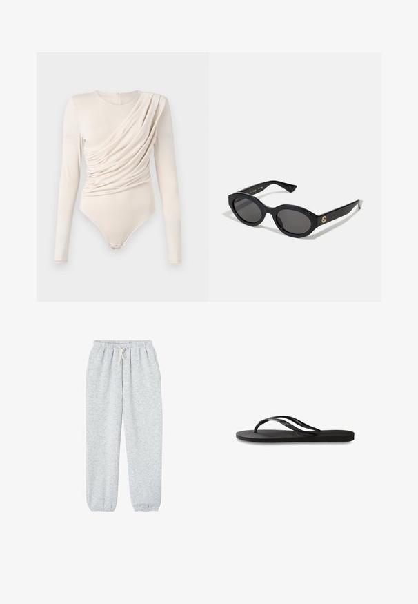 Beige langemouwige bodysuit met gedrapeerde voorkant, zachte textuur en drukknoopsluiting onderaan. Elegante en aansluitende ontwerp.; Grijze joggingsbroek van zachte stof, met een elastische tailleband met trekkoord en elastische boorden bij de enkels.; Zwarte flip-flop met een gestructureerde rubberen zool, twee slanke banden en een subtiele, ingedrukte logo-detail op de band.; Zwarte ovale zonnebril met donkere glazen en een glanzend kunststof frame. Heeft een gouden logo op de poot, dat een strakke en moderne uitstraling biedt.