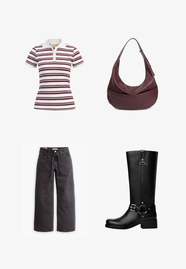 Pánská polo tričko s krátkým rukávem, které má horizontální pruhy v bordové a bílé barvě, vyrobené z měkké látky s klasickým límečkem a tříknoflíkovou légu.; Černé široké džíny z denimu, vybavené stahovacími šňůrkami v pase, pěti kapsami a kontrastním prošíváním. Design s plochým předním dílem.; Vysoké černé boty z umělé kůže s kulatou špičkou, detailem s přezkou na pásku a širokým podpatkem. Hladký povrch a vertikální šev na holeně.; Burgundská kožená hobo taška s zakřiveným siluetou, širokým popruhem a zipovým uzavíráním. Obsahuje přední kapsu s hladkým povrchem.
