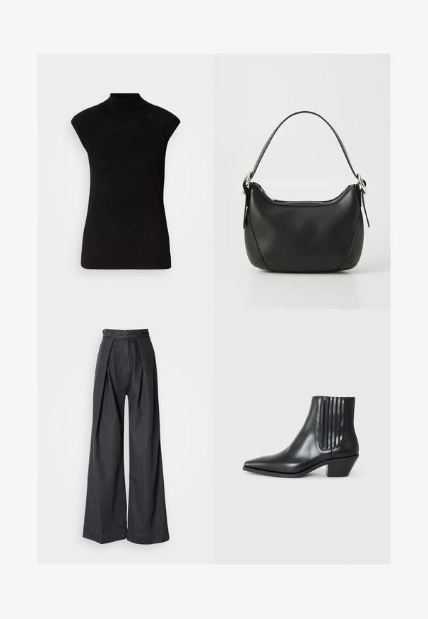Černý bezrukávový top s vysokým výstřihem a raglánovými švy, který má minimalistický design na bílém pozadí.; Široké černé džíny s vysokým pasem, s předními záhyby a klasickým zipovým zapínáním. Čistá, hladká textura s elegantním zakončením.; Černá kožená kotníková bota s špičatou špičkou, elastickými bočními panely s vertikálními drážkami a nízkým blokovým podpatkem. Hladká textura a elegantní design.; Černá kožená kabelka s zakřiveným tvarem, stříbrným zipem a krátkým uchem. Na přední straně se nachází nenápadné logo a má hladkou texturu.