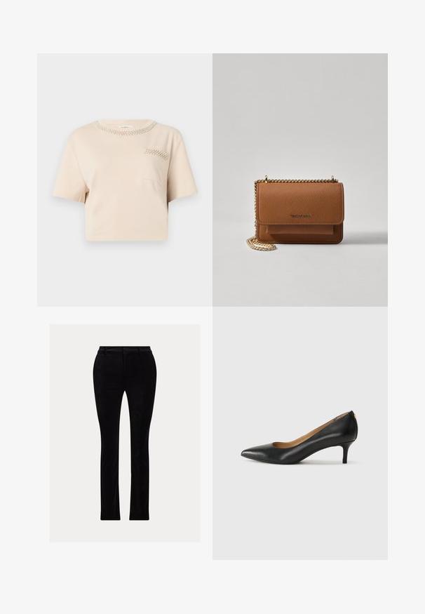 Beige t-skjorte med kort erme og rund hals, dekorert med perledetaljer og en liten brystlomme som har et lignende perledesign.; Sorte bukser laget av et glatt, fløyelsaktig stoff. Skreddersydd passform med rette ben, som har en tradisjonell midje og beltehemper.; Sorte lærpumpe med spiss tå, lav hæl og en glatt tekstur. Har en liten åpning foran og minimalt med beslag bak.; Brun teksturert lær crossover-veske med gullkjede-stropp og klaffelukking. Fronten har logo-detalj og en lomme under klaffen.
