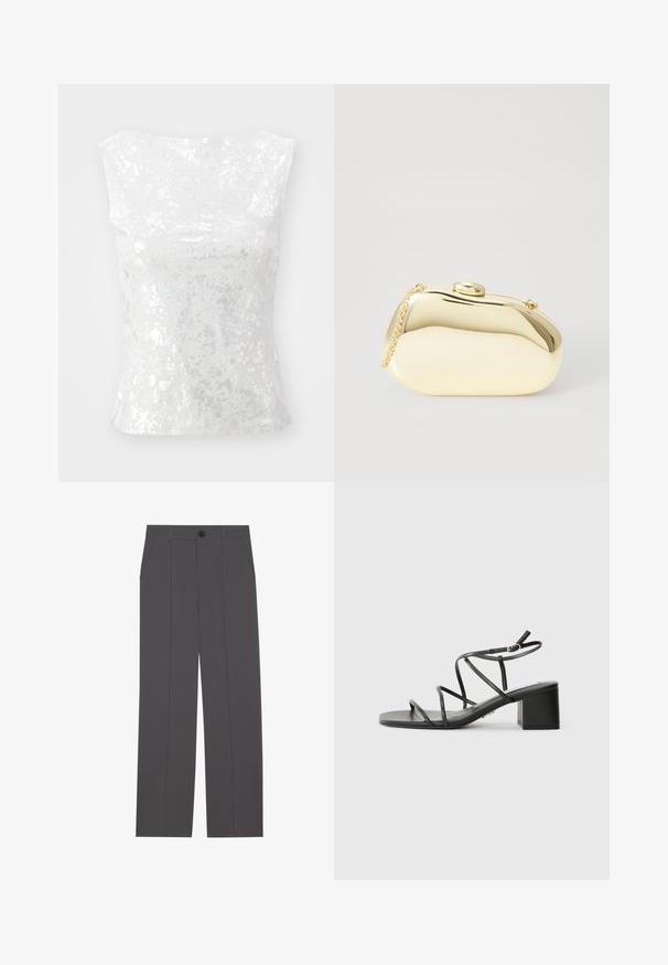 Weekday SPLATTER - Débardeur - silver; Pantalons gris avec une coupe droite, comprenant deux poches latérales et une fermeture à bouton. Tissu lisse sans motifs ni accents visibles.; Sandales noires à lanières avec un orteil carré et un talon épais, fabriquées en matériau lisse. Comprend des brides de cheville réglables et un matériel minimal.; Pochette métallique dorée avec une forme lisse et arrondie, dotée d'un fermoir à bouton supérieur et d'une petite chaîne pour le transport.