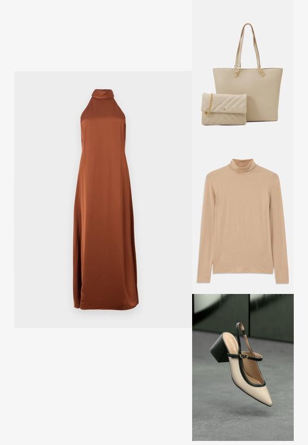 Beige long-sleeve turtleneck top made of soft, textured fabric; features a slim fit and high neckline. No visible patterns or hardware.; Sleeveless, floor-length satin dress in burnt orange with a high cowl neck and a smooth, flowing silhouette.; Beige high-heeled slingback shoe with pointed toe, black trim, and buckle detail. Smooth material with a matte finish, medium block heel.; Beige tote bag with flat handles, smooth texture, and gold hardware, paired with a matching quilted clutch featuring a chain strap.