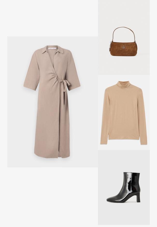 Beige long-sleeve turtleneck top made of soft, textured fabric; features a slim fit and high neckline. No visible patterns or hardware.; Beige wrap dress in lightweight fabric, featuring a V-neck, short sleeves, and a tied accent at the waist. Mid-length design.; Black patent leather ankle boot with a pointed toe and a mid-height block heel. Smooth texture and minimalist design.; Brown suede handbag with a short strap. Features a silver logo, star accent, and smooth texture. Compact rectangular shape.