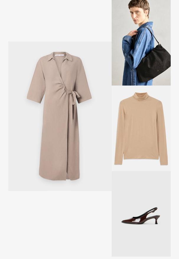 Maglione a collo alto beige con maniche lunghe, realizzato in un tessuto morbido e testurizzato; presenta una vestibilità aderente e un collo alto. Senza motivi visibili o elementi metallici.; Vestito a portafoglio beige in tessuto leggero, con scollatura a V, maniche corte e un dettaglio legato in vita. Design di lunghezza intermedia.; Scarpa slingback in pelle verniciata marrone con punta affusolata e tacco moderato. Presenta una fascia con fibbia per una calzata sicura. Tessuto liscio.; Borsa a tracolla in suede nero con una forma morbida e strutturata, dotata di una tracolla in pelle sottile e un discreto logo del marchio. Il modello indossa una giacca di jeans.