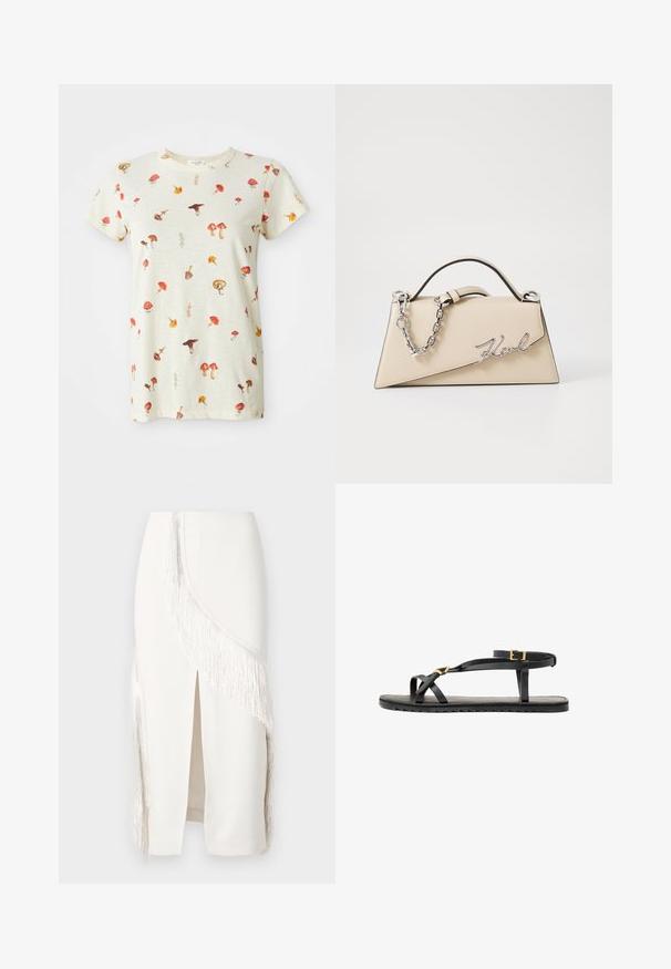 Light beige T-shirt made of cotton, featuring a scattered mushroom print in various colors. Round neck and short sleeves.; White sleeveless top with side fringe detail, silver button accent at shoulder, smooth fabric with a structured design, minimalistic silhouette.; White pencil skirt with fringe detailing on one side, featuring a front slit, made from a smooth fabric with a structured shape.; Black leather sandals with thin straps and a buckled ankle strap. Flat sole with a textured finish and zigzag edge. Minimalist design.; Beige leather handbag with a structured, triangular shape, featuring a silver chain handle and a cursive logo in metal.
