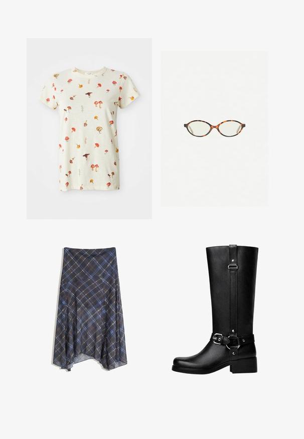 T-shirt beige chiaro in cotone, con una stampa di funghi sparsi in diversi colori. Collo tondo e maniche corte.; Gonna a quadri nera con linee blu e marroni, design fluido, di lunghezza media, realizzata in tessuto leggero con una texture morbida.; Stivali neri alti in finta pelle con punta tonda, dettaglio della fibbia della cintura accentuata e tacco largo. Texture liscia e cucitura verticale sul gambale.; Occhiali in tartaruga con lenti ovali e una finitura liscia e elegante. Presentano aste sottili con una leggera curva alle tempie. Lenti trasparenti.