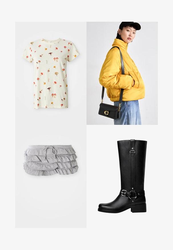 Light beige T-shirt made of cotton, featuring a scattered mushroom print in various colors. Round neck and short sleeves.; Gray ruffled skirt with layered fabric design, drawstring waistband, soft texture, finished edges, and cascading ruffles.; Tall black faux leather boots with a rounded toe, accent belt buckle detail, and a chunky heel. Smooth texture and vertical seam on the shaft.; Yellow padded jacket with high collar and front pocket, paired with a black crossbody bag featuring gold hardware. Casual denim bottoms.