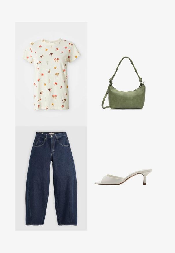 T-shirt beige chiaro in cotone, con una stampa di funghi sparsi in diversi colori. Collo tondo e maniche corte.; Jeans in denim blu scuro con una vestibilità ampia, cuciture chiare, cinque tasche e chiusura con bottone in vita.; Mule con tacco alto, aperti davanti e di colore bianco, con una finitura liscia, design minimalista e tacco slanciato, caratterizzati da un sottile accento marrone sulla suola.; Borsa a mano in pelle verde con una texture liscia, forma curvata e manico intrecciato. Presenta una chiusura con zip e una tracolla regolabile.