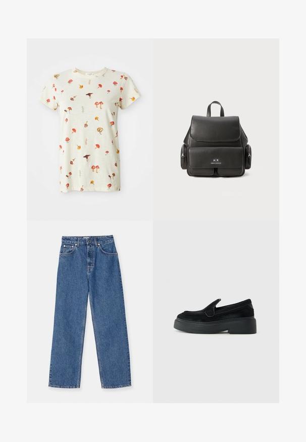 Helle beige T-Shirt aus Baumwolle, mit einem verstreuten Pilzmuster in verschiedenen Farben. Rundhalsausschnitt und kurze Ärmel.; Blaue Jeans aus Denim mit weitem Bein, klassischem Fünf-Taschen-Design und metallischen Akzenten. Leichte Gebrauchsspuren auf dem Stoff vorhanden.; Schwarze Slipper mit dicker Sohle, niedrigem Absatz und strukturiertem Obermaterial vor einem schlichten weißen Hintergrund.; Schwarzer Leder-Rucksack mit Klappenverschluss, Fronttasche, seitlichen Reißverschlusstaschen und einem oberen Griff. Mit Logodetails auf der Vorderseite.