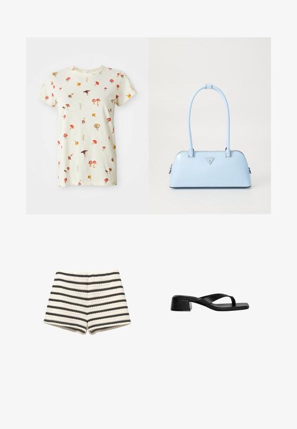 T-shirt beige chiaro in cotone, con una stampa di funghi sparsi in diversi colori. Collo tondo e maniche corte.; Pantaloni corti a righe in beige chiaro e grigio scuro, caratterizzati da una tessitura testurizzata e un design aderente. Rifiniti all'orlo con un tessuto coordinato.; Le sandali con tacco in pelle nera presentano un design a fascia, punta quadrata e un tacco basso a blocco. Texture liscia con uno stile minimalista.; Borsa a mano azzurro chiaro con forma strutturata, materiale in pelle liscia, due manici e logo triangolare sul davanti. Chiusura con zip.; Bracciale in strass con catena in tono argento, decorato con cristalli trasparenti distribuiti uniformemente e una chiusura sicura, che presenta una finitura lucida.