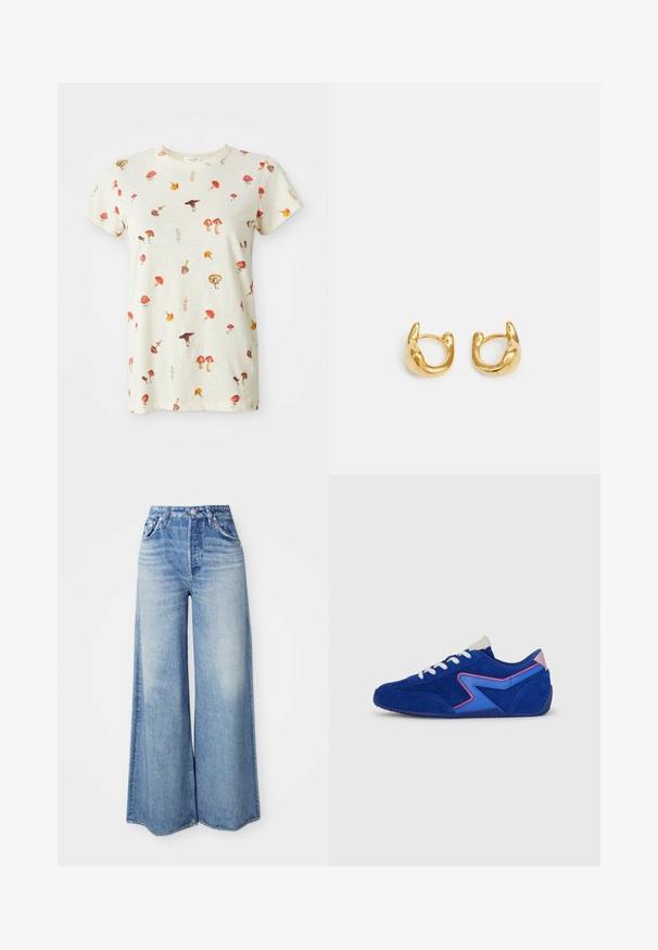 T-shirt beige clair en coton, arborant un imprimé de champignons dispersés dans diverses couleurs. Col rond et manches courtes.; Jean large en denim bleu clair, avec une taille haute, un design à cinq poches, un lavage dégradé et un ourlet effiloché.; Baskets en daim de couleur bleu vif avec des accents roses et bleus. Bout arrondi, fermeture à lacets et semelle en caoutchouc texturée.; Boucles d'oreilles en or présentant un design lisse et arrondi avec une finition polie. Les boucles ont une forme compacte et chunky, et un fermoir sans couture.