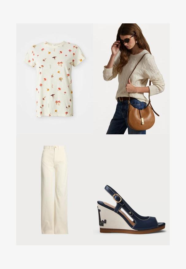 Helebeež T-särk, mis on valmistatud puuvillast, erinevates värvides laiali pillatud seente mustriga. Ümmargune kaelus ja lühikesed varrukad.; Polo Ralph Lauren COTTON CORDUROY WIDE-LEG PANT - Püksid - warm white; Merine ujumissandaal avatud varvastega, seljaosa rihmaga, kulla klambriga ja kanepist vööga, millel on kontrastne logo disain. Sile naha tekstuur.; Pruun nahkne õlavarre kott, millel on kaarekuju ja kuldne riistvara. Mudel kannab kreemikat soonikkoes sviitrit ja siniseid teksaseid.