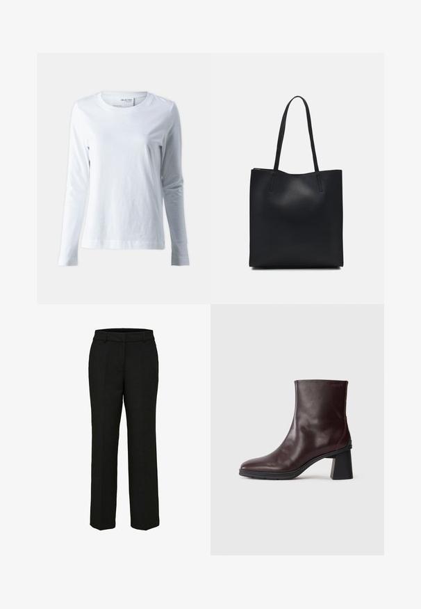 Witte langekous T-shirt met lange mouwen, gemaakt van zachte katoen. Heeft een ronde halslijn en aansluitende mouwen. Glad textuur met een eenvoudige uitstraling.; Zwarte, op maat gemaakte broeken met een recht gesneden ontwerp, riemlussen en voorzakken; gladde stof met een nette afwerking.; Donkerbruin leren enkellaarsje met een blokhak en ronde neus, weergegeven op een effen lichtgrijze achtergrond.; Zwarte leren handtas met een gladde textuur, rechthoekige vorm en twee lange handvaten. Geen zichtbare hardware of versieringen.