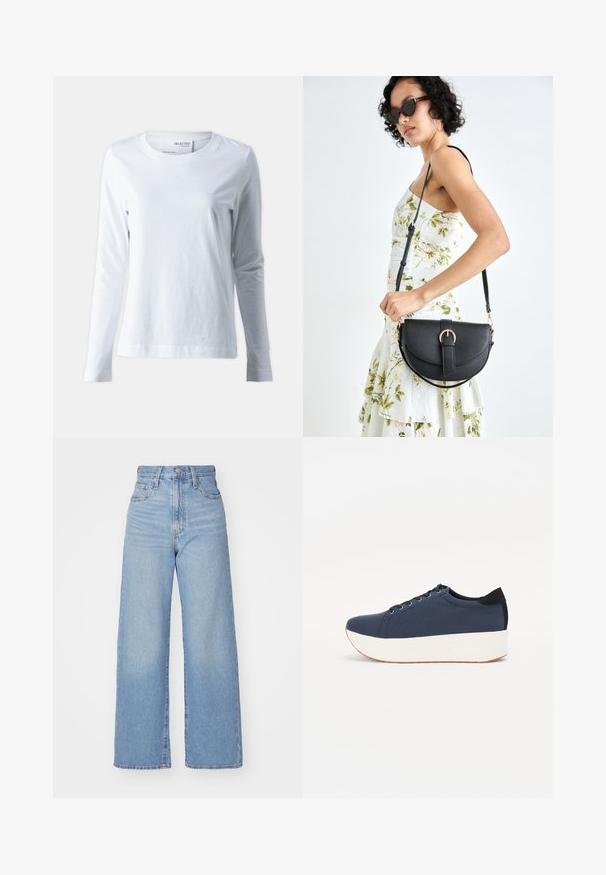 White long-sleeve t-shirt made of soft cotton. Features a round neckline and fitted sleeves. Smooth texture with a plain design.; Light blue high-waist wide-leg jeans with front button and zip closure, front and back pockets, on a white background.; Navy blue sneaker with a textured fabric upper, white platform sole, rounded toe, and black heel accent. Features six eyelets for laces.; Black leather handbag with a curved shape, detachable strap, and gold hardware. The bag features a flap with a buckle detail.